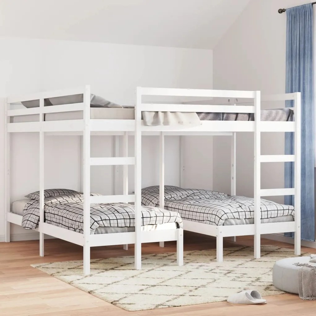 fehér tömör fenyőfa tripla emeletes ágykeret 200x200/80x200 cm