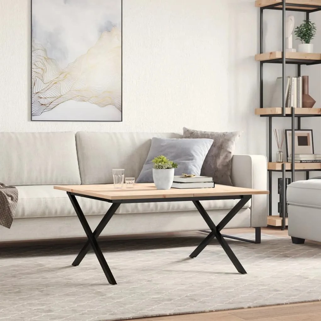 Tömör fenyőfa és acél dohányzóasztal X-vázzal 80x80x45 cm