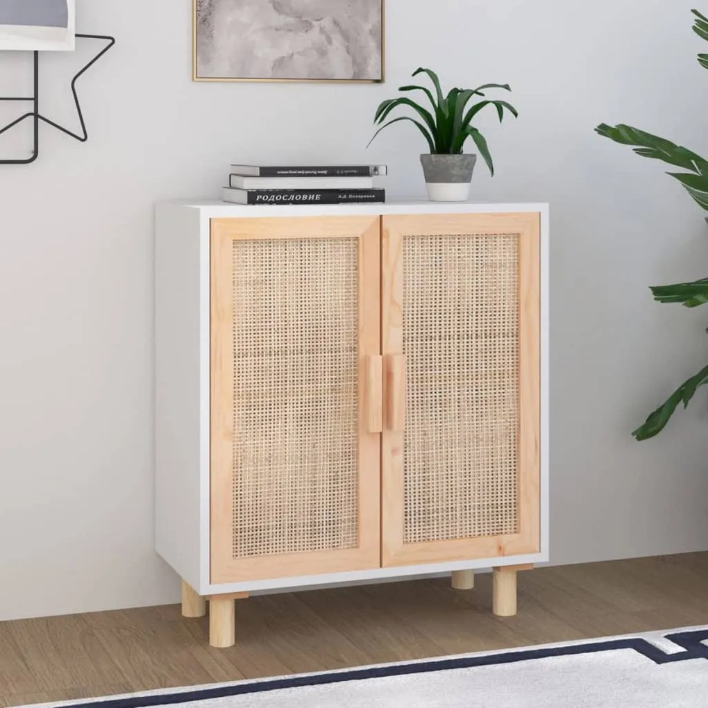 fehér tömör fenyő/természetes rattan tálalószekrény 60x30x70 cm