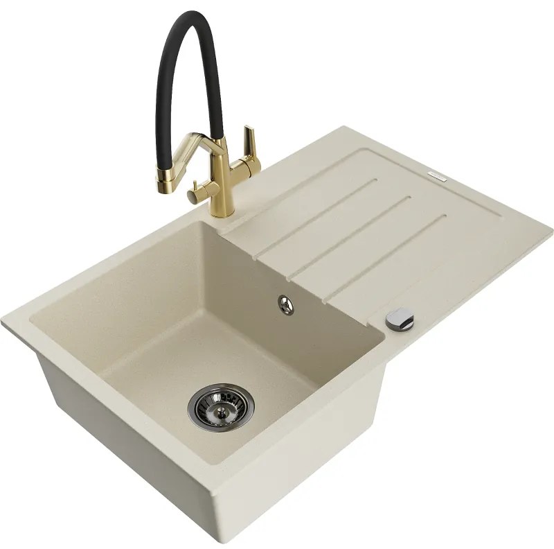 Mexen Bruno 1-medencés gránit mosogató csepegtetővel és Duo konyhai csapteleppel, bézs - 6513-69-671701-57-B