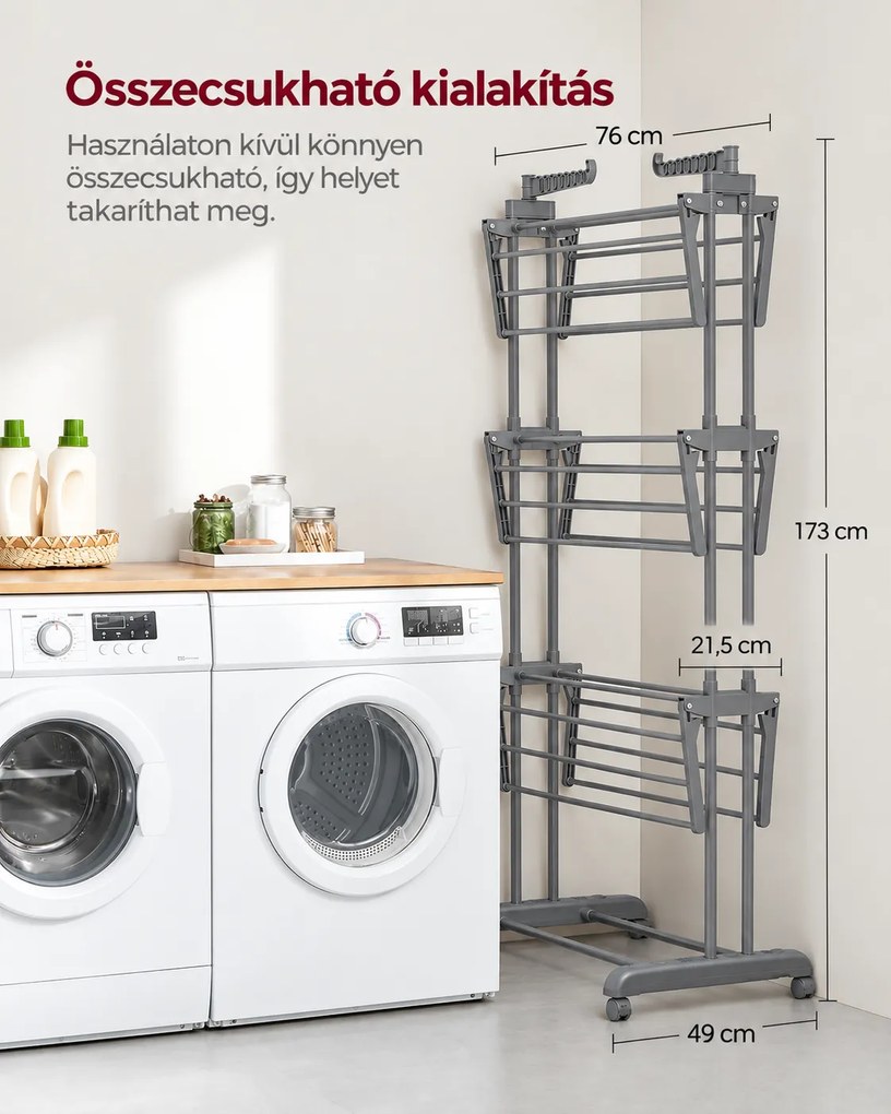 SONGMICS 4 szintes összecsukható ruhaszárító állvány, 3 szárítószinttel, cipőtartóval és görgőkkel, 126 x 64 x 172 cm, max. 35 kg, szürke