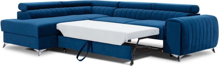 Kék bársony kinyitható-tárolóhelyes sarokkanapé (bal oldali-L alakú) Laurence – ELTAP