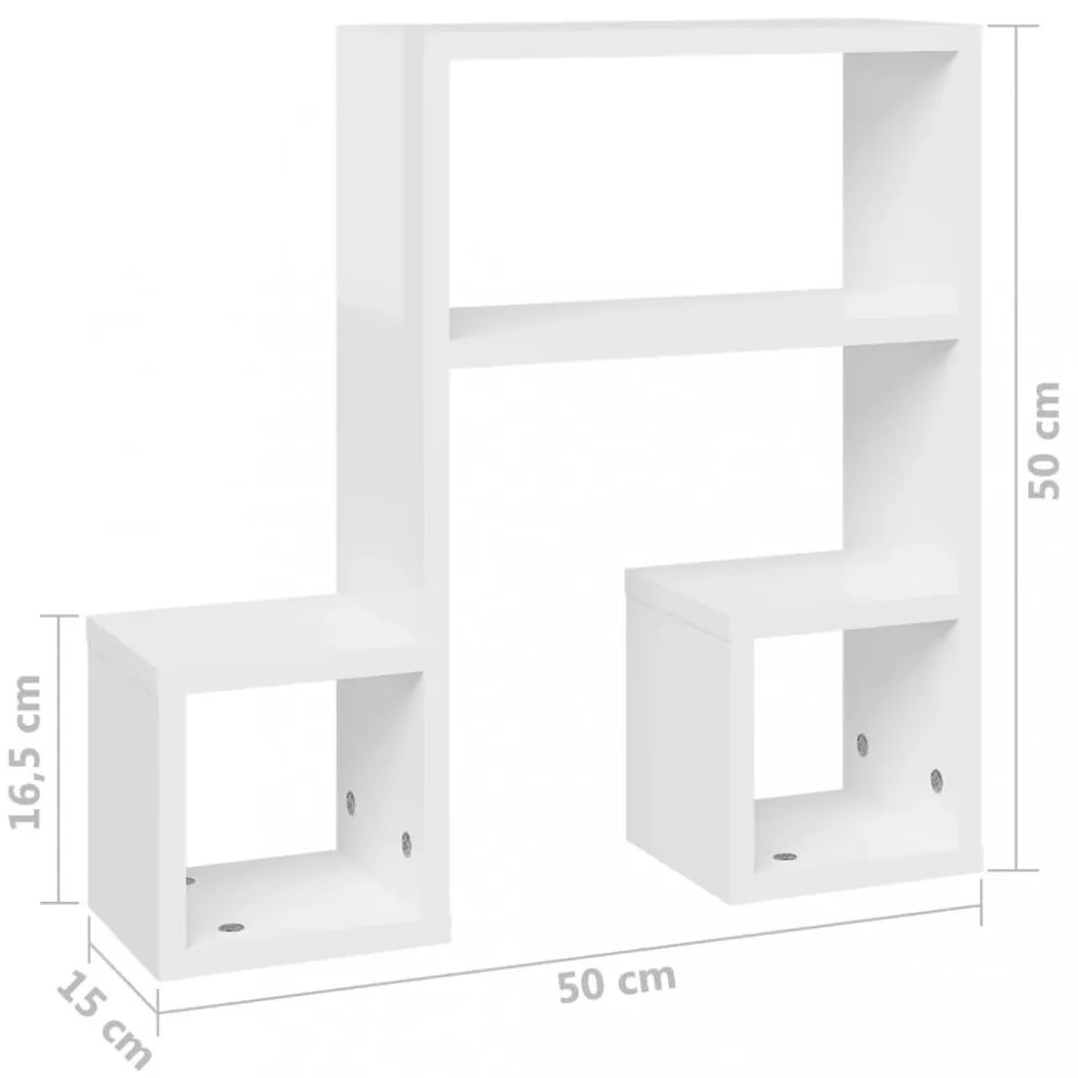 2 db magasfényű fehér szerelt fa fali polc 50 x 15 x 50 cm