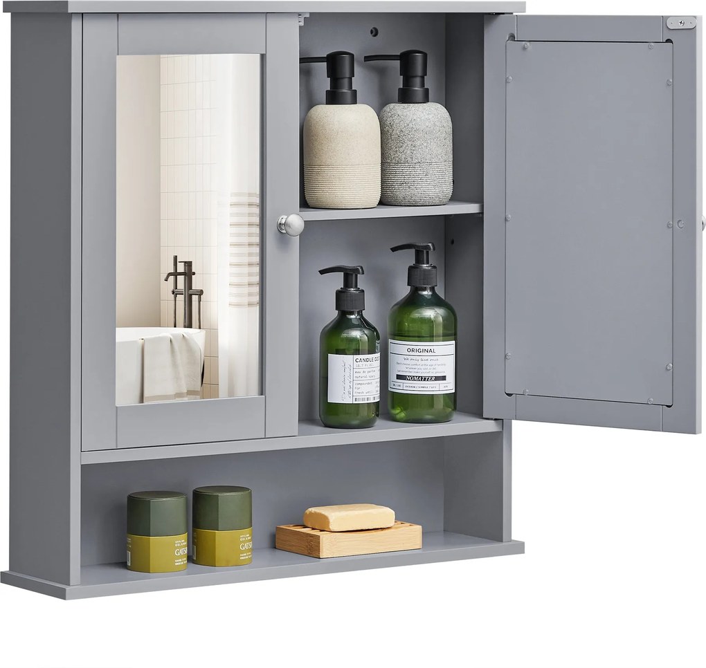 Fali fürdőszekrény tükörrel, 2 ajtós rekesszel, állítható polccal, szürke