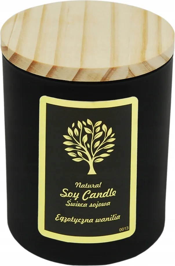 Vanília illatú gyertya, üvegben, fa kanóccal és fedéllel.