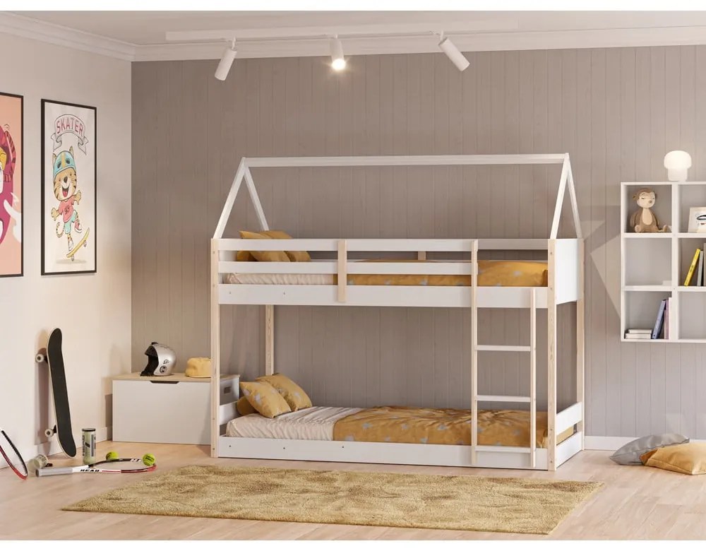 Fehér-natúr színű házikó alakú emeletes gyerekágy 90x190 cm Valka – Marckeric