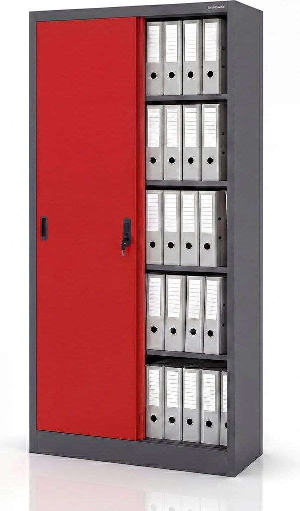 Irodai fém szekrény tolóajtóval antracit-piros: KUBA 900 x 1850 x 400 mm