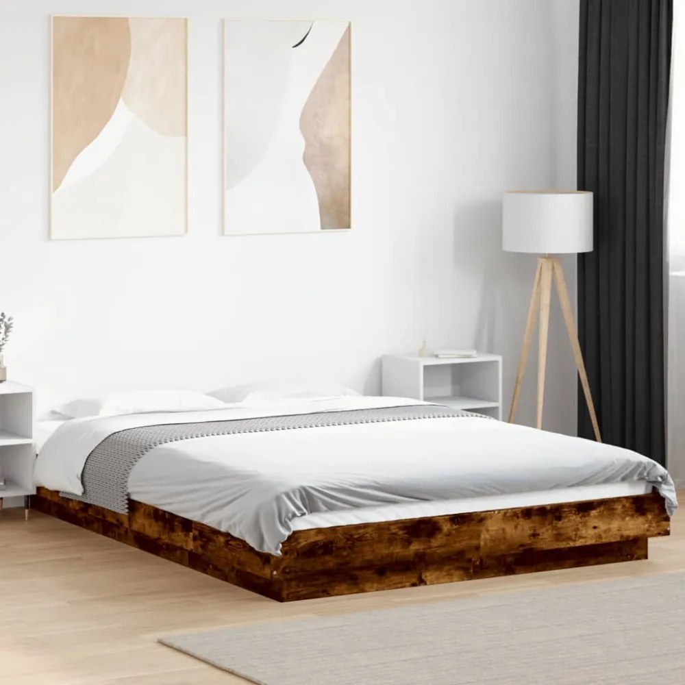 füstös tölgyszínű szerelt fa ágykeret LED-del 120 x 200 cm