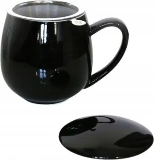 Fekete fényes porcelán bögre teafőzővel és fedéllel