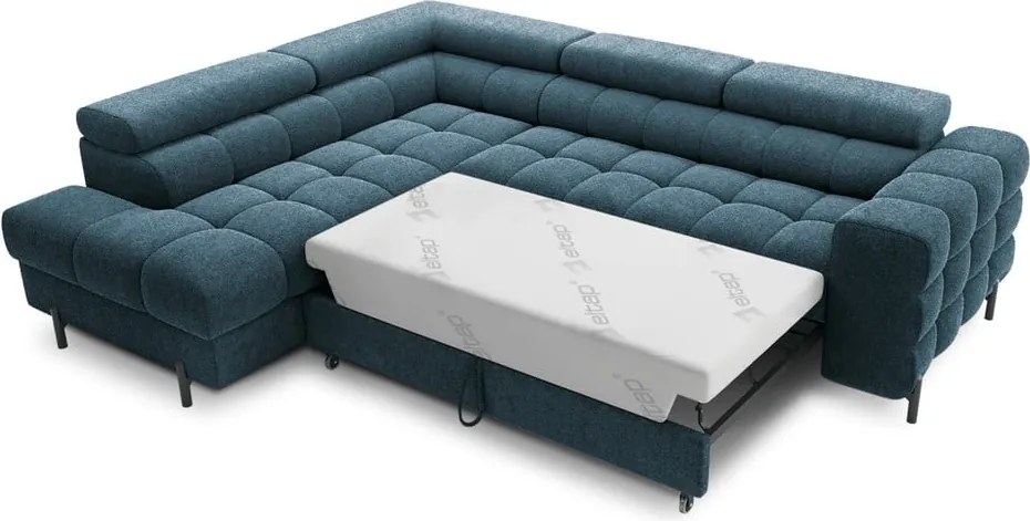 Kék buklé kinyitható-tárolóhelyes sarokkanapé (bal oldali-L alakú) Ferucce – ELTAP