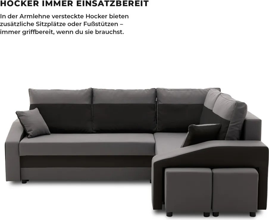 Grande sarokkanapé polcokkal és puffokkal , polc a bal karfaban puffok a jobb karfaban, jobboldali, szövet anyag, bonell töltet, szürke - fekete