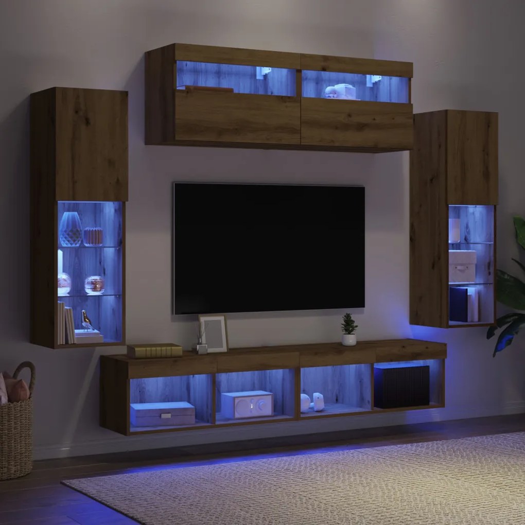 TV faliszekrények LED világítással 2 db Kézműves tölgy 80x30x30 cm