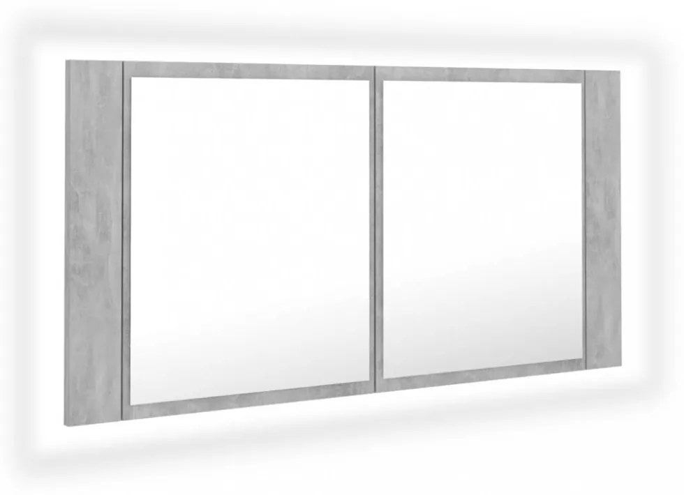 betonszürke akril LED-es tükrös fürdőszobaszekrény 90x12x45 cm