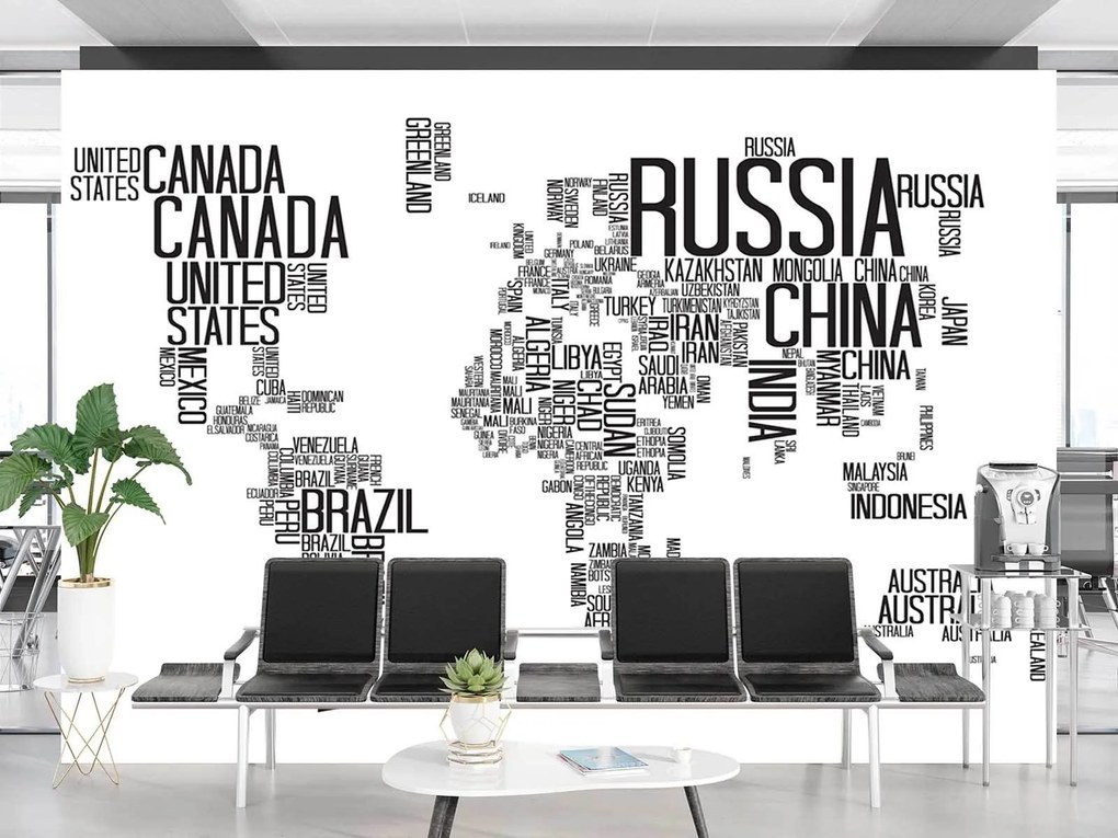 Gario Fotótapéta Világtérkép - fekete-fehér betukkel, skandináv stílusban Anyag: Vlies, Méret: 300 x 210 cm