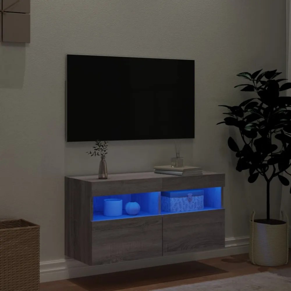 szürke sonoma színű fali TV-szekrény LED-del 80 x 30 x 40 cm