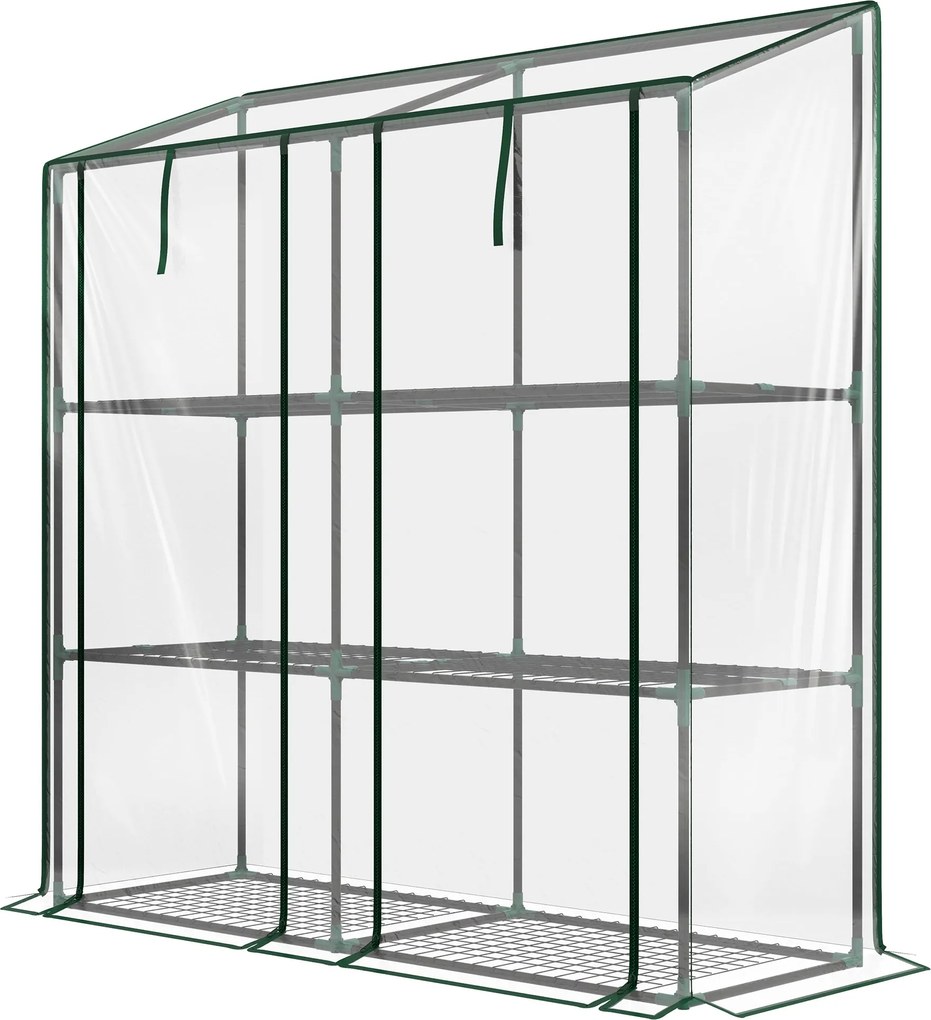 Outsunny 3-szintes Kültéri Üvegház Polcokkal, Lejtős Tetővel és 2 Cipzáros Ajtóval Növénytermesztéshez Teraszon 143x46x141/151 cm Átlátszó | Aosom