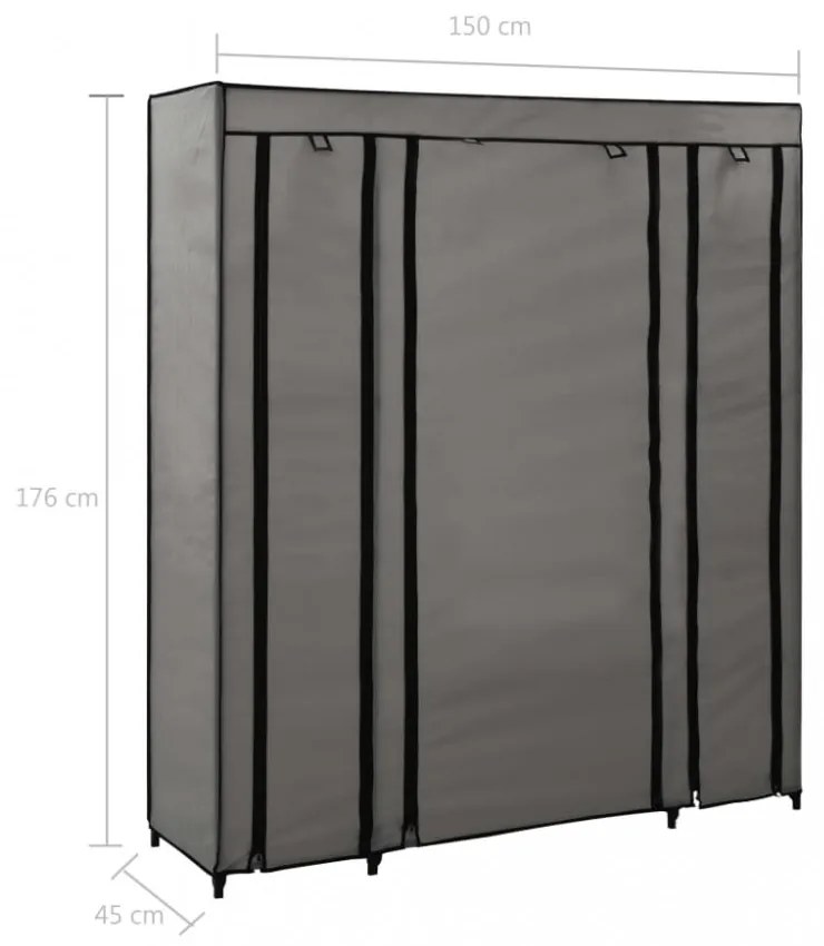 szürke szövet ruhásszekrény tárolórekeszekkel 150 x 45 x 176 cm