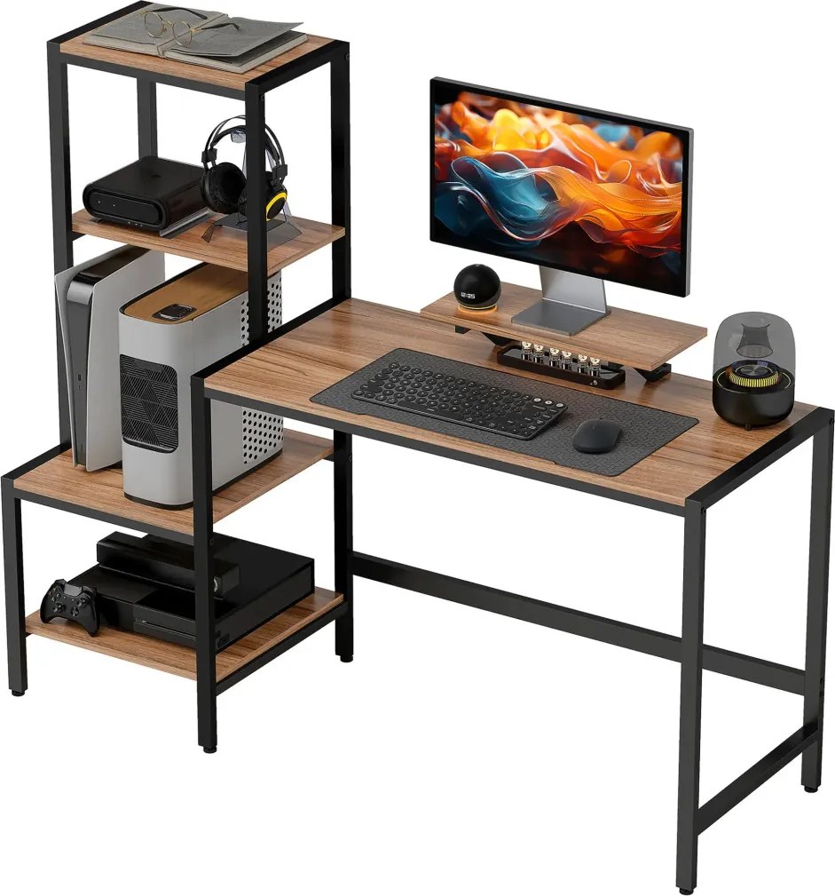 HOMCOM Íróasztal monitorállvánnyal, szintes polccal, Ipari Design, barna