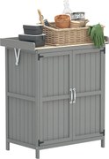 Outsunny Kerti Szekrény Fa, Időjárásálló Szerszámtároló 74x43x88cm, Szerszámos Ház Felemelkedő Tetős Polcokkal, Munkaasztallal, Szerszámszekrény, Kert