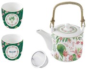 Virágos porcelán teáskanna 600 ml fémszűrővel pohárral díszdobozban Botanic Chic