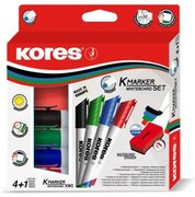 Tábla- és flipchart marker készlet mágneses táblatörlő szivaccsal, 3 mm, kúpos KORES XW1, 4 különböző szín (IK20863)