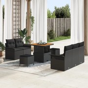 8 darabos kert kanapészett párnákkal fekete poli rattan akáciából, 2 személyes kert kanapé párnákkal fekete poli rattan, 3 darabos kert étkező szett párnákkal fekete poli rattan akáciából
