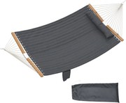 Outsunny kétszemélyes steppelt kültéri függőágy fejpárnával, újságtartóval és bükkfa szétfeszítőrudakkal, 200 x 140 cm — szürke | Aosom