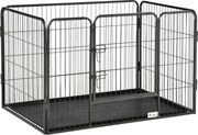 PawHut Téglalap alakú Kiskedvenc Játékkerítés 4 Paneleből Készült Acél 109x74x71 cm-es Dupla Zárral Ellátott Ajtóval és Kivehető Tálcával Kültéri és B