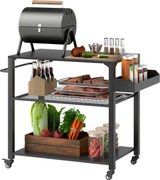 Outsunny 3-Szintes BBQ Kiszolgáló Kocsi Munkafelülettel, Kerekekkel, Rozsdamentes Acél Grillező Asztal, Kültéri Kocsi, Faszenes Grillező Kerthez, Tera