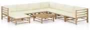 9 részes bambusz kerti ülőgarnitúra krémfehér párnákkal