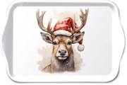 Karácsonyi rénszarvas műanyag kis tálca 13x21 cm Deer with Santa hat
