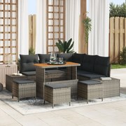 8 darabos kerti kanapészett párnákkal szürke poli rattan akáccal, 2 személyes kerti kanapé párnákkal szürke poli rattan, 3 darabos kerti étkező szett párnákkal szürke poli rattan akáccal