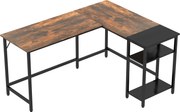 HOMCOM Ipari Stílusú Sarokasztal Oldalsó Polccal, Fa és Fekete Fém, 150x120x75cm | Aosom