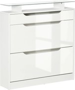 HOMCOM 2-ajtós Cipőtároló Keskeny Cipőszekrény 16 Pár Cipőnek Fiókkal, Nyitott Polccal és Üveg Toppal Előtérbe 89x23x96 cm Fehér | Aosom