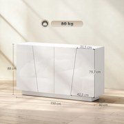 HOMCOM Tároló Szekrény Ajtókkal és Állítható Polccal, Tároló Ruhásszekrény Nappaliba, Konyhába, Hálószobába, 150 x 40 x 88 cm, Fehér Fényes | Aosom