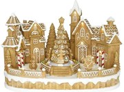 Dioráma mézeskalács város fenyővel mozgó figurákkal LED-es karácsonyi dekor