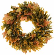 Őszi koszorú műanyag eukaliptusz és juharlevelek,átmérő 40 cm, narancssárga-zöld