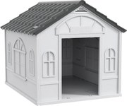 PawHut Kültéri Kutyaház 84,2x98,2x82 cm Ablakmintás és Imitált Cserépfedéllel Nagy Kutyák Számára Szürke és Fehér | Aosom