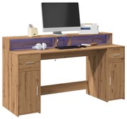 kézműves tölgy színű szerelt fa LED-es íróasztal 160x55x91 cm