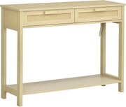 HOMCOM Konzol Asztal Előszoba Asztal 2 Fiókkal Rattan Felülettel és Alsó Polccal Előszobába, Nappaliba vagy Hálószobába Rusztikus Stílusban 100x30x76