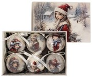 Vintage Gömb karácsonyfadísz díszdobozban - 6 darabos 6 cm - lány Mikulásruhában