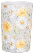 Üveg mécsestartó fehér-sárga margarétás Ø 12x18 cm