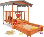 HAPPY homokozó verandával, tömör borókafenyőből 130 x 130 x 143 cm barna szürke Jurhan