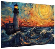 Üveg kép - Világítótorony a hullámokban (70x50 cm)