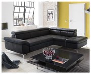Fekete, jobb oldali, bőrkárpitos, L-alakú SALERNO II sarokkanapé, ággyá nyitható