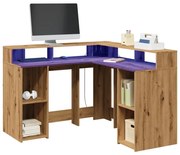 kézműves tölgy színű szerelt fa LED-es íróasztal 130x130x91 cm