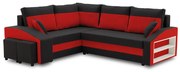 Grande sarokkanapé polcokkal és puffokkal , polc a jobb karfaban puffok a bal karfaban, baloldali, szövet anyag, bonell töltet, fekete - piros