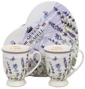 Levendulás porcelán bögre szett kanállal 300 ml - 2 darabos - szív díszdobozban
