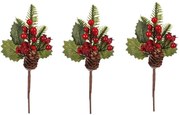 Ágak tobozokkal és bogyókkal, 3 db- os szett, piros, 24 cm