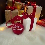 Gyöngyház piros üveggömb egyedi felirattal 8cm